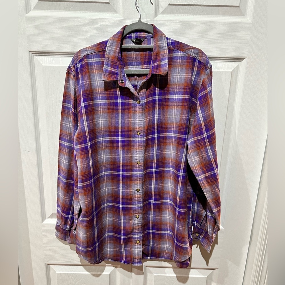 Eddie Bauer tunic length plaid flannel shirt, purple/orange plaid, size L Tall